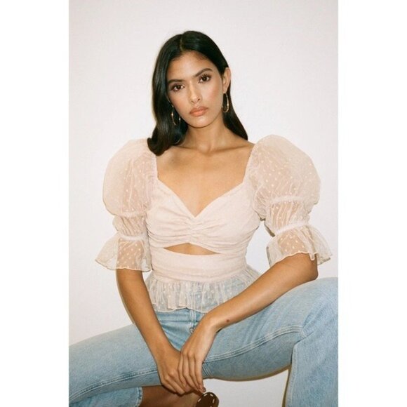 NEW LPA Dolores Top S Ivory Sheer Dot Puff Sleeve Cutout Pleated Peplum Tulle - Picture 2 of 13